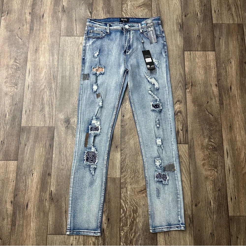 Encrypted Skinny Fit Jeans Mens Size 34 Blue Stretch Denim Distressed